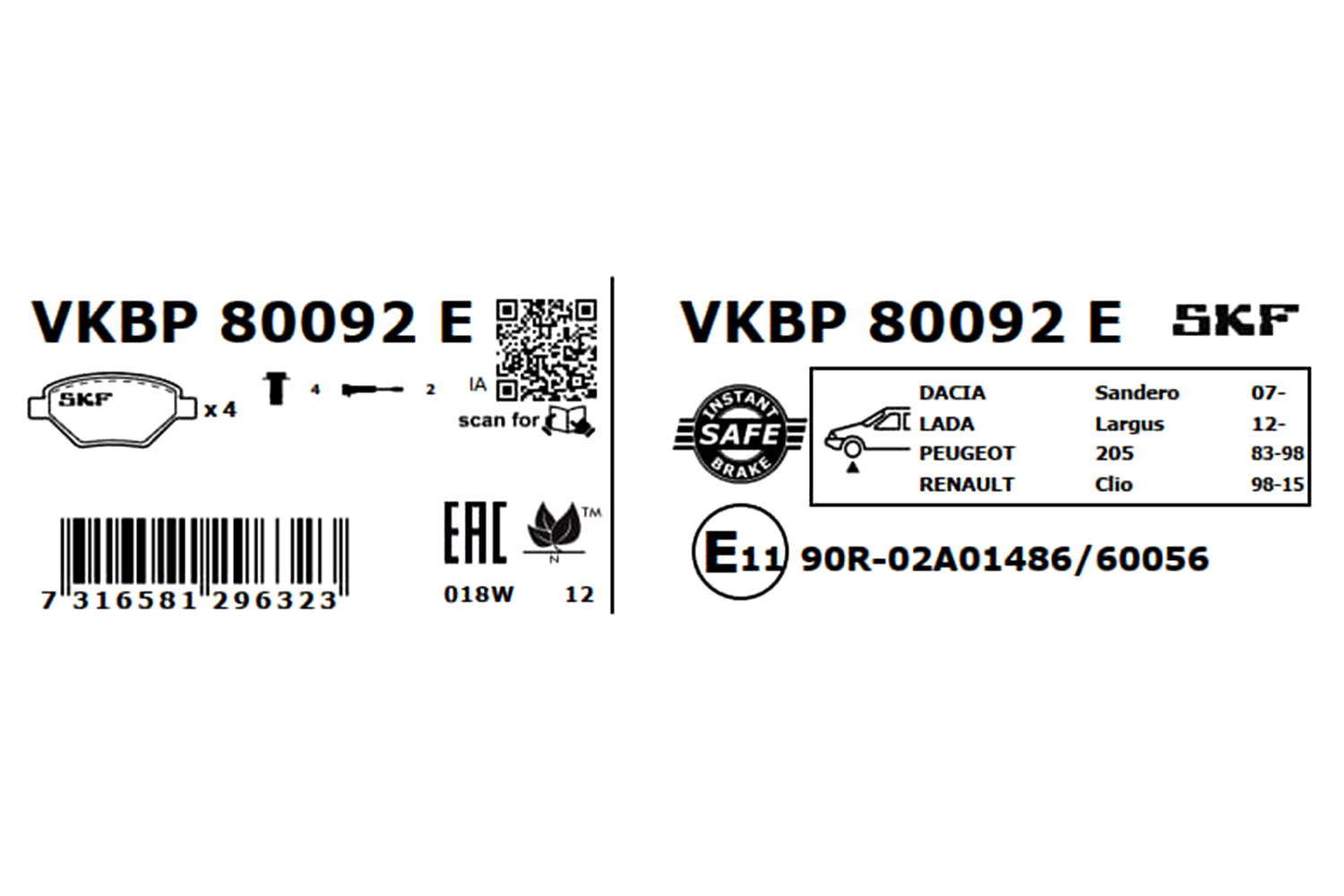 SKF VKBP 80092 E Bremsbelagsatz, Scheibenbremse